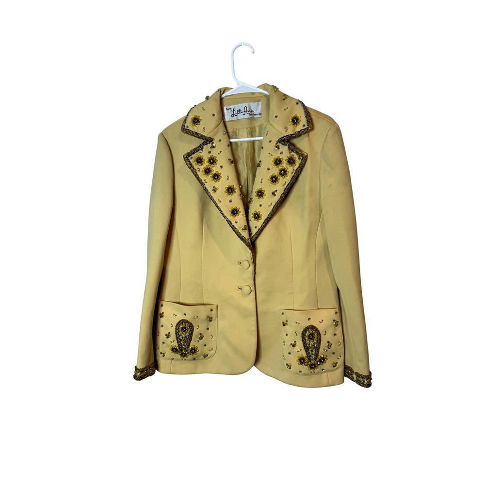 Vintage Lilli Ann Blazer Womens Medium Yellow Beaded Wool Sequin Jacket USA RARE